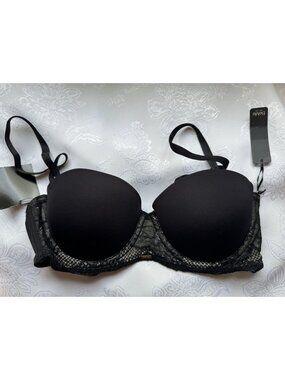 BeMe Black Lace Underwire T-Shirt Bra 32C Adjustable Straps Balconette Bra NEW